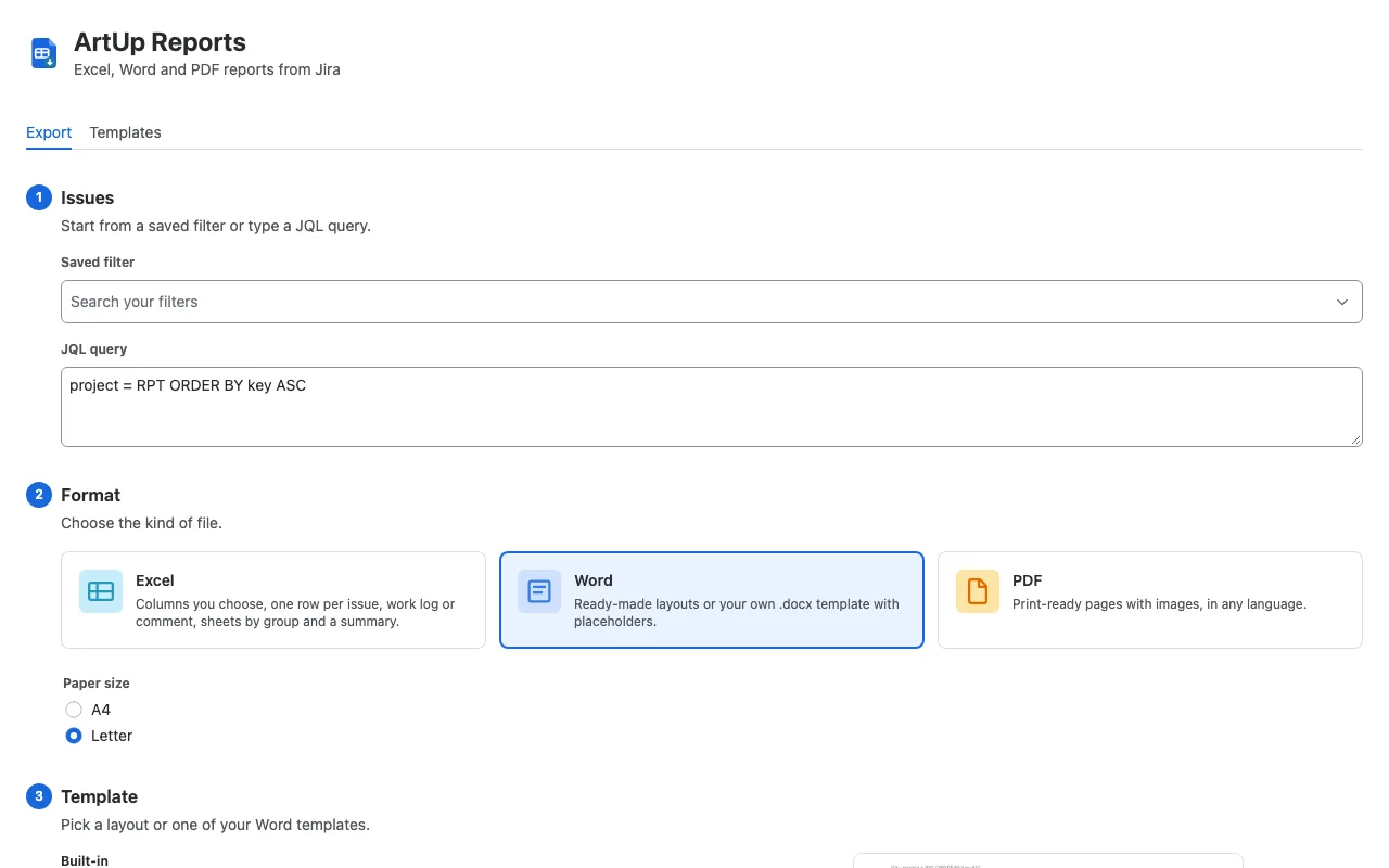 ArtUp Reports in Jira: choose issues by filter or JQL, pick Excel, Word or PDF, and choose a built-in layout or your own template, with a preview of the layout.