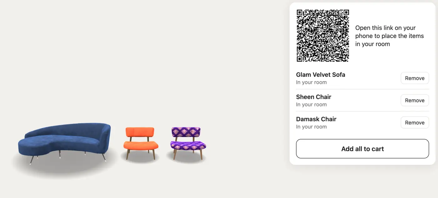 The room page on a desktop: a sofa and two chairs from the store in one 3D scene, a QR code to open the room on a phone, the list of items in the room and the Add all to cart button.